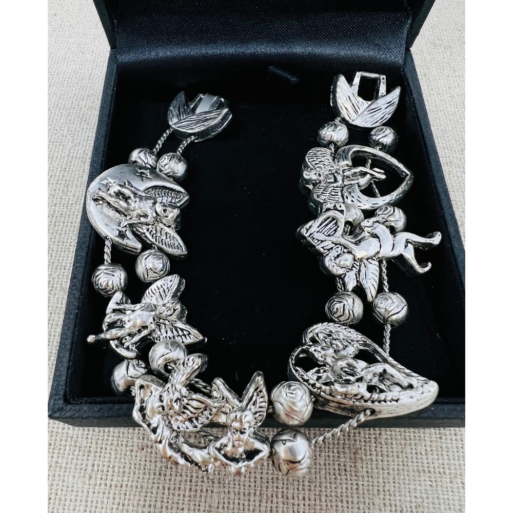 Vintage Silver Tone Cherub Angel Celestial Heart Charm Double Strand Bracelet